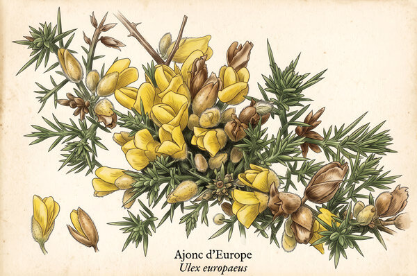 Planche botanique de l'ajonc d'Europe (Ulex europaeus)